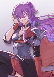Rule 34 | 1girl, armor, breasts, cape, choker, cleavage, crossed legs, elbow gloves, fire emblem, fire emblem: three houses, gloves, hair bun, hair over one eye, hand in own hair, highres, justapot, long hair, looking to the side, medium breasts, nintendo, plunging neckline, purple eyes, purple hair, red cape, red gloves, shez (female) (fire emblem), shez (fire emblem), shoulder armor, single elbow glove, sitting, solo, thighhighs, thighs, wristband