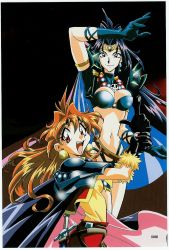 Rule 34 | 1990s (style), 2girls, arm up, armlet, armor, belt, bikini, black eyes, blue hair, breasts, cape, cleavage, fang, finger gun, fur, gloves, hair intakes, headband, highres, jewelry, large breasts, lina inverse, long hair, multicolored clothes, multiple girls, naga the serpent, necklace, orange hair, red eyes, retro artstyle, revealing clothes, scan, scan artifacts, skull, slayers, swimsuit, sword, thigh strap, turtleneck, very long hair, weapon