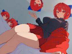 Rule 34 | 1girl, black shirt, blue bow, bow, breasts, commentary request, disembodied head, hair bow, highres, large breasts, legs, looking at viewer, moriforest1040, multiple heads, red eyes, red hair, red skirt, sekibanki, shirt, short hair, skirt, solo, thighs, touhou
