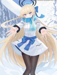 Rule 34 | 1girl, absurdres, black pantyhose, blonde hair, blue archive, blue eyes, blue hair, blue halo, blue scarf, blush, braid, coat, coat dress, french braid, halo, highres, long hair, multicolored hair, nanbugin, outstretched arms, pantyhose, scarf, snow, solo, streaked hair, toki (blue archive), tree, white coat