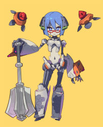 Rule 34 | 1girl, blue eyes, blue hair, bright pupils, character request, closed mouth, contrapposto, enkyo yuuichirou, etrian odyssey, female focus, full body, glasses, hand on hilt, headgear, holding, holding weapon, humanoid robot, looking at viewer, mace, red-framed eyewear, robot, sekaiju no meikyuu, sekaiju no meikyuu 3, short hair, simple background, solo, standing, weapon, yellow background