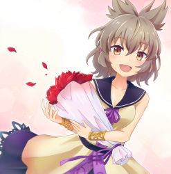 Rule 34 | 1girl, :d, bare shoulders, beige shirt, blush, bouquet, bracelet, breasts, brown eyes, brown hair, collarbone, commentary request, earmuffs, flower, hair between eyes, highres, holding, holding bouquet, jewelry, kuritsuki, looking at viewer, open mouth, petals, pink background, pointy hair, red flower, short hair, simple background, small breasts, smile, solo, touhou, toyosatomimi no miko, upper body