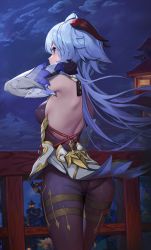 Rule 34 | 1girl, absurdres, ahoge, arm up, ass, backless outfit, bare shoulders, black gloves, black leotard, black pantyhose, blue hair, blush, breasts, closed mouth, cowboy shot, detached sleeves, from behind, ganyu (genshin impact), genshin impact, gloves, highres, horns, leotard, long hair, long sleeves, medium breasts, night, night sky, outdoors, pantyhose, purple eyes, railing, shoulder blades, sideboob, sky, solaris (sinhyg), solo, star (sky), starry sky, very long hair