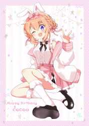 Rule 34 | 1girl, ;d, black footwear, blush, braid, breasts, brown hair, center frills, character name, commentary request, crescent, frilled skirt, frilled socks, frills, full body, gochuumon wa usagi desu ka?, hair between eyes, happy birthday, highres, hoto cocoa, jacket, long sleeves, looking at viewer, massala, medium breasts, off shoulder, one eye closed, open clothes, open jacket, open mouth, pennant, pink skirt, pleated skirt, puffy long sleeves, puffy sleeves, purple eyes, shirt, shoe soles, shoes, skirt, sleeveless, sleeveless shirt, smile, socks, solo, star (symbol), string of flags, suspender skirt, suspenders, white jacket, white shirt, white socks
