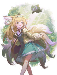 Rule 34 | 1girl, :d, animal ears, arknights, blonde hair, blue dress, brown jacket, creature on head, dress, feet out of frame, fox ears, fox girl, fox tail, frilled hairband, frills, hair ribbon, hairband, highres, jacket, jell (jell y fish), kitsune, long sleeves, looking at animal, luo xiaohei zhanji, multicolored hair, open clothes, open jacket, open mouth, pinafore dress, red ribbon, ribbon, sleeveless, sleeveless dress, smile, solo, standing, streaked hair, suzuran (arknights), suzuran (spring praise) (arknights), tail, white hair, yellow eyes