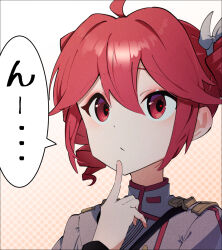 Rule 34 | ahoge, bow, close-up, closed mouth, commentary request, double-parted bangs, drill hair, fin gocco, finger to own chin, hair bow, hand up, highres, index finger raised, jacket, kasane teto, kasane teto (sv), portrait, print background, red eyes, red hair, red trim, shoulder belt, speech bubble, striped clothes, striped jacket, synthesizer v, translation request, twin drills, utau, white background, white bow