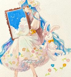 Rule 34 | 1girl, bird, blue flower, blue hair, blurry, bow, brown eyes, brown vest, cloud, depth of field, dress, feet out of frame, floral print, flower, frilled dress, frills, head scarf, highres, holding, long hair, looking at viewer, orange flower, original, painting (medium), painting (object), parted lips, photo (medium), picture frame, pink flower, puffy sleeves, rabbit, shirt, shoes, sitting, skirt, sky, sleeve bow, solo, srnmomo, stuffed animal, stuffed rabbit, stuffed toy, traditional media, very long hair, vest, watercolor (medium), white background, white dress, white shirt, white skirt, yellow bow