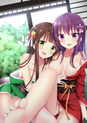 Rule 34 | 2girls, :d, bare legs, barefoot, breasts, breasts apart, brown hair, collarbone, commentary request, convenient censoring, day, dutch angle, feet, flower, gochuumon wa usagi desu ka?, green eyes, green kimono, hair down, hair flower, hair ornament, hairclip, head on another&#039;s shoulder, indoors, japanese clothes, kimono, long hair, looking at viewer, medium breasts, multiple girls, naked kimono, obi, off shoulder, open clothes, open kimono, open mouth, piripun, purple eyes, purple hair, red kimono, sash, smile, tedeza rize, toes, ujimatsu chiya, window