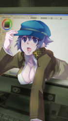Rule 34 | 1girl, atlus, bad id, bad pixiv id, blue eyes, blue hair, breasts, cabbie hat, cleavage, hanging breasts, hat, large breasts, matching hair/eyes, open clothes, open shirt, persona, persona 4, ryou (shouyu), shirogane naoto, shirt, short hair, solo, through medium, through screen