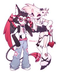 Rule 34 | 2boys, :&lt;, alternate costume, angel dust, animal ear fluff, animal ears, animal nose, animal print, arm warmers, bag, bare shoulders, belt, black choker, black dress, black fur, black sclera, black thighhighs, black wings, blowing kiss, body fur, body markings, cat boy, cat ears, chinese commentary, choker, chunjian (chenlu769), closed mouth, collar, colored sclera, commentary request, cross-laced clothes, cross-laced slit, dated, denim, dress, fashion, full body, fur-tipped tail, furry, furry male, hair ornament, hairclip, hand on own hip, hand on own leg, hand up, hazbin hotel, heart, heart-shaped bag, heart choker, highres, holding, holding bag, husk (hazbin hotel), jeans, knee up, leaning forward, leg warmers, looking at viewer, male focus, male with breasts, mismatched sclera, monster boy, multicolored wings, multiple belts, multiple boys, navel, o3o, off shoulder, pants, pink belt, pink collar, pink eyes, pink fur, red bag, red wings, shirt, short dress, side slit, simple background, single thighhigh, slit pupils, spider hair ornament, spider print, spiked belt, spiked collar, spikes, standing, star (symbol), star print, sweat, tail, tail ornament, tail ring, tank top, thigh strap, thighhighs, torn clothes, torn shirt, torn thighhighs, two-tone fur, white arm warmers, white background, white fur, white leg warmers, white shirt, white tank top, winged bag, wings, x hair ornament, yellow eyes