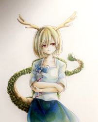 Rule 34 | 1girl, antlers, blonde hair, blue bow, blue shirt, blue skirt, bow, crossed arms, dragon girl, grin, hair between eyes, hisako (6anmbblfnjueeff), horns, kicchou yachie, photo (medium), red eyes, shirt, short hair, skirt, smile, smug, solo, touhou, traditional media, white background