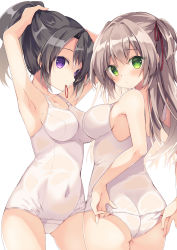 Rule 34 | 2girls, adjusting clothes, adjusting swimsuit, ass, barre, black hair, blush, breasts, brown hair, closed mouth, commentary, commission, covered navel, green eyes, hair ribbon, hair tie, hair tie in mouth, highres, long hair, looking at viewer, medium breasts, mouth hold, multiple girls, old school swimsuit, one-piece swimsuit, original, pixiv commission, ponytail, purinpurin, purple eyes, ribbon, school swimsuit, see-through, sideboob, sidelocks, simple background, standing, swimsuit, two side up, tying hair, wet, wet clothes, white background, white one-piece swimsuit