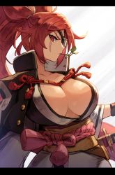 Rule 34 | 1girl, baiken, breasts, cleavage, eyepatch, guilty gear, guilty gear strive, highres, japanese clothes, katana, kuroi susumu, large breasts, letterboxed, long hair, looking at viewer, mouth hold, red eyes, red hair, scar, scar across eye, scar on face, solo, sword, weapon