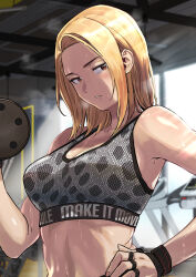 Rule 34 | 1girl, bare shoulders, blonde hair, collarbone, commentary, dumbbell, exercising, gym, hand on own hip, highres, indoors, light blush, medium hair, noah (pixiv), original, parted lips, sideways glance, snake print, solo, sports bra, stomach, sweat, teeth, toned