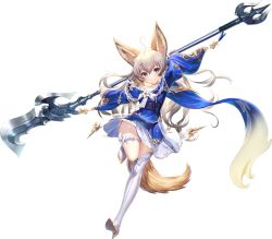 Rule 34 | 1girl, ahoge, animal ears, arms up, artist request, blue eyes, blue shirt, boots, dog ears, dog tail, elin, full body, high heels, leg up, long hair, official art, shirt, silver hair, skirt, smile, solo, standing, standing on one leg, tail, tera online, thigh boots, thighhighs, thighs, transparent background, weapon, white footwear, white skirt, white thighhighs