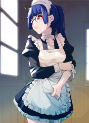 Rule 34 | 1girl, apron, black dress, blue hair, breasts, cowboy shot, dress, frilled apron, frilled dress, frills, glasses, highres, juliet sleeves, kawamura tsukasa, long hair, long sleeves, maid, maid apron, maid headdress, original, ponytail, puffy sleeves, red-framed eyewear, red eyes, short dress, small breasts, solo, white apron