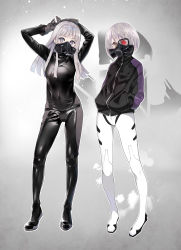 Rule 34 | 2girls, arms up, black bodysuit, black gloves, black jacket, blunt bangs, bodysuit, bodysuit under clothes, breasts, brown eyes, commentary request, covered navel, full body, gas mask, gloves, grey background, hands in pockets, heart, highres, jacket, long hair, long sleeves, looking at viewer, mask, medium breasts, multiple girls, nyoro (nyoronyoro000), original, plugsuit, purple eyes, short hair, silver hair, skin tight, standing, white bodysuit