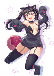 Rule 34 | 1girl, ahoge, animal ears, animal hands, bare shoulders, belt, black bra, black hair, black panties, black sweater, black thighhighs, blush, bra, breasts, breasts apart, candy, cat ears, cat paws, cenangam, claws, collar, collarbone, food, garter straps, gloves, heart, highres, lollipop, long hair, long sleeves, looking at viewer, medium breasts, off shoulder, open mouth, original, oversized object, panties, paw gloves, paw shoes, shoes, solo, sweater, teeth, thighhighs, twintails, underwear, wavy mouth