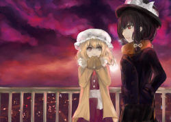 Rule 34 | 2girls, bad id, bad pixiv id, blonde hair, breath, brown eyes, brown hair, city lights, cloud, cloudy sky, coat, dress, faux traditional media, fingers to mouth, gloves, hands in pockets, hat, hat ribbon, ksrk ss, looking at another, looking to the side, maribel hearn, mob cap, multiple girls, parted lips, purple dress, purple sky, railing, ribbon, sash, scarf, short hair, sidelocks, sky, touhou, twilight, usami renko, yellow eyes