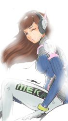 Rule 34 | 1girl, ;), aidil uzaimi, animal print, bad deviantart id, bad id, bodysuit, breasts, brown eyes, brown hair, clothes writing, d.va (overwatch), facepaint, facial mark, from side, headphones, highres, light smile, long hair, looking at viewer, looking to the side, medium breasts, one eye closed, overwatch, overwatch 1, pilot suit, pink lips, rabbit print, ribbed bodysuit, shoulder pads, signature, simple background, sitting, sketch, skin tight, smile, solo, swept bangs, uzaimijournal, whisker markings, white background