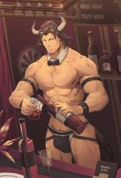 Rule 34 | 1boy, alcohol, animal ears, arknights, arm belt, bar (place), bara, bow, bowtie, brown eyes, brown hair, bulge, cow ears, cow horns, cup, dartboard, detached collar, drinking glass, facial hair, glint, highres, horns, indoors, looking at viewer, male focus, matterhorn (arknights), muscular, navel, nipples, pectorals, standing, stubble, tail, tengo (maotengo), topless male, tumbler, wine glass, wristband