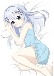 Rule 34 | 1girl, absurdres, bare legs, bare shoulders, barefoot, bed sheet, blue dress, blue eyes, blue hair, closed mouth, commentary request, dress, flat chest, gochuumon wa usagi desu ka?, hair ornament, hairclip, highres, kafuu chino, kousaka nobaku, legs together, light blue hair, long hair, looking at viewer, lying, nightgown, on side, own hands together, sleeveless, smile, solo, x hair ornament