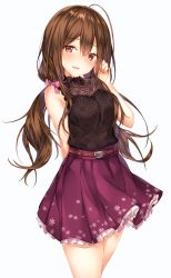 Rule 34 | 1girl, ahoge, arm behind back, bare shoulders, belt, blush, bow, breasts, brown eyes, brown hair, cleavage, commentary request, hair bow, hand in own hair, highres, idolmaster, idolmaster shiny colors, kuwayama chiyuki, long hair, looking at viewer, low twintails, medium breasts, open mouth, petticoat, see-through, see-through cleavage, shindou tsurami, shirt, skirt, sleeveless, sleeveless shirt, smile, solo, twintails, white background