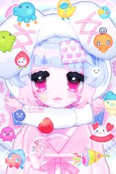 Rule 34 | 1girl, animal ears, animal hat, blue hair, bow, candy, character request, commentary, eyepatch, fake animal ears, food, food print, gradient hair, hashitamatchi, hat, highres, holding, holding candy, holding food, holding lollipop, ichigotchi, jewelry, kuchipatchi, lollipop, long sleeves, looking at viewer, mametchi, memetchi, multicolored hair, original, pastel colors, pink hair, pink nails, pink serafuku, rabbit ears, ribbon, ring, rinihimme, sailor collar, school uniform, serafuku, solo, sparkle, sticker on face, strawberry print, symbol-only commentary, tamagotchi, ufotchi, unworn eyepatch, upper body, white hat, yakantchi, yume kawaii