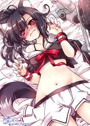 Rule 34 | 1girl, animal ears, azur lane, bed sheet, black hair, blush, collarbone, commentary request, dated, embarrassed, highres, long hair, looking at viewer, lying, machinery, nail polish, navel, paw pose, pleated skirt, ponytail, red eyes, school uniform, serafuku, shigure (azur lane), signature, skirt, solo, sweat, tail, takana shinno, twitter username, wolf ears, wolf tail