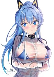 Rule 34 | 1girl, arms under breasts, artist name, bikini, bikini under clothes, blue bikini, blue eyes, blue hair, blush, braid, breasts, closed mouth, gloves, goddess of victory: nikke, hair intakes, headgear, helm (aqua marine) (nikke), helm (nikke), highres, kazushi shinya, large breasts, long hair, looking to the side, official alternate costume, ponytail, see-through, see-through shirt, shirt, signature, simple background, solo, sweat, swimsuit, wet, wet clothes, wet shirt, white background, white gloves, white shirt