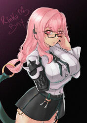 1girl armor black_skirt breasts closed_mouth cowboy_shot dress_shirt glasses gradient_background hair_between_eyes high-waist_skirt highres large_breasts long_hair looking_at_viewer pencil_skirt pink_eyes pink_hair ring_hair_ornament rinku_bny shirt shoulder_armor sidelocks simple_background skirt solo tsukishiro_yanagi white_shirt zenless_zone_zero