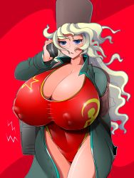 Rule 34 | 1girl, amano taiki, blonde hair, blue eyes, breasts, cleavage, curvy, covered erect nipples, female focus, fur hat, gigantic breasts, groin, hammer and sickle, hat, highres, hip focus, huge nipples, long hair, one-piece swimsuit, phone, solo, soviet, standing, swimsuit, thick thighs, thighs, ushanka, wide hips
