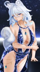 Rule 34 | 1girl, absurdres, animal ears, blue dress, blue eyes, breasts, cat ears, cat girl, cat tail, chain, cleavage, crystal dress, dress, furina (genshin impact), genshin impact, hair between eyes, highres, jewelry, kemonomimi mode, lace, large breasts, long hair, looking at viewer, sparkle, sparkle background, tail, takie arts, thick thighs, thighs, white hair