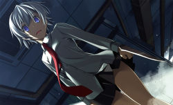 Rule 34 | 1girl, bad id, bad pixiv id, black skirt, from below, indoors, looking at viewer, necktie, original, pleated skirt, purple eyes, red necktie, shikei, shirt, short hair, silver hair, skirt, solo, weapon, white shirt