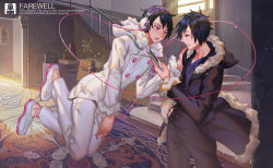 Rule 34 | 2boys, absurdres, artist name, black hair, cellphone, character request, coat, durarara!!, eur, floating, headphones, highres, holding, holding phone, looking at another, multiple boys, parted lips, phone, purple eyes, short hair, smartphone, stairs