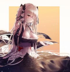 Rule 34 | 1girl, absurdres, amamami prime, azur lane, bare shoulders, between breasts, black dress, blonde hair, blurry, blurry background, blush, breasts, cleavage, cup, dress, flight deck, formidable (azur lane), frilled dress, frills, hair ribbon, head tilt, highres, holding, holding cup, holding saucer, large breasts, long hair, long sleeves, looking at viewer, one eye closed, pinky out, red eyes, ribbon, rigging, saucer, signature, sitting, solo, teacup, twintails, two-tone dress, two-tone ribbon, very long hair