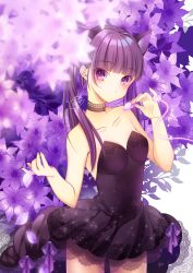 Rule 34 | 1girl, absurdres, animal ear fluff, animal ears, bare arms, bare shoulders, black dress, blunt bangs, blurry, blurry foreground, blush, cat ears, clematis (flower), closed mouth, collarbone, commentary request, depth of field, dress, fingernails, flower, hand up, head tilt, highres, holding, holding petal, original, petals, pk (mukasihasakana), purple eyes, purple flower, purple hair, see-through, signature, solo, strapless, strapless dress, twintails, white background