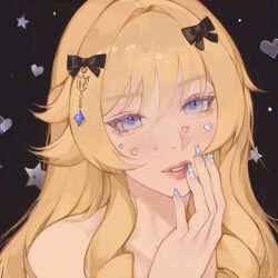 Rule 34 | 1girl, bare shoulders, black background, black bow, blue eyes, blue nails, blush, bow, collarbone, commentary, commission, english commentary, genshin impact, hair behind ear, hair bow, hand on own face, heart sticker, highres, looking at viewer, navia (genshin impact), parted lips, portrait, smile, solo, star (symbol), sticker on face, sumi (suumiko )
