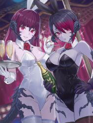 Rule 34 | 2girls, absurdres, animal ears, au ra, black gloves, black hair, black horns, black leotard, blunt bangs, bottle, breasts, champagne bottle, champagne flute, cleavage, colored skin, commentary, commission, cowboy shot, cup, detached collar, dragon girl, dragon horns, dragon tail, drinking glass, enporion, eyes visible through hair, fake animal ears, final fantasy, final fantasy xiv, flower, gloves, gradient hair, hair over one eye, hand on own hip, hand up, highleg, highleg leotard, highres, holding, holding bottle, holding plate, horns, large breasts, leotard, long hair, looking at viewer, multicolored hair, multiple girls, parted lips, plate, playboy bunny, purple hair, rabbit ears, red eyes, red flower, red rose, rose, scales, short hair, skeb commission, smile, strapless, strapless leotard, tail, thighhighs, warrior of light (ff14), white gloves, white leotard, white thighhighs