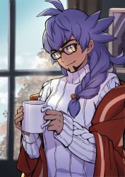 Rule 34 | 1boy, 2hands1cup, absurdres, alternate hairstyle, antenna hair, bespectacled, bright pupils, closed mouth, commentary request, creatures (company), cup, dark-skinned male, dark skin, day, facial hair, game freak, glasses, highres, holding, holding cup, indoors, leon (pokemon), long hair, long sleeves, looking at viewer, male focus, mug, nintendo, picture frame, pokemon, pokemon swsh, purple hair, sleeves past wrists, smile, solo, steam, sweater, white pupils, white sweater, window, yellow eyes, yunoru