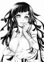 Rule 34 | 10s, 1girl, bandages, breasts, commentary request, crazy eyes, danganronpa (series), female focus, greyscale, highres, large breasts, long hair, mole, mole under eye, monochrome, monochrome, nipples, simple background, solo, danganronpa 2: goodbye despair, tears, teri terio, tsumiki mikan, white background