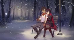 Rule 34 | 1boy, 1girl, 3four, bench, black hair, boots, brown hair, bullet, cloak, corset, cross-laced footwear, closed eyes, forest, gloves, hetero, holding hands, kerchief, kneehighs, lace-up boots, lamppost, nature, original, pantyhose, ruby rose, rwby, short hair, snow, socks, suspenders, tree, winter, yellow eyes