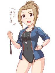 Rule 34 | 10s, 1girl, blue jacket, brown eyes, brown hair, competition swimsuit, hand on own hip, idolmaster, idolmaster cinderella girls, jacket, manabe itsuki, one-piece swimsuit, open mouth, pataneet, ponytail, short hair, simple background, solo, stopwatch, swimsuit, watch, whistle, white background