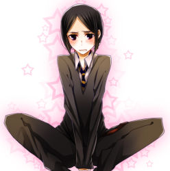 Rule 34 | 1boy, bad id, bad pixiv id, black eyes, black hair, blush, butterfly sitting, fate/stay night, fate/zero, fate (series), male focus, necktie, parted bangs, patatata, sitting, solo, star (symbol), waver velvet