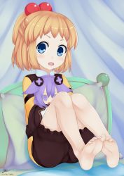 Rule 34 | 10s, 1girl, barefoot, bed, blonde hair, blue eyes, blush, doll, fang, feet, hair ornament, handsofmidaz, highres, long hair, looking at viewer, neptune (series), open mouth, pillow, pish, purple hair, sketch, soles, solo, stuffed animal, stuffed toy, toes