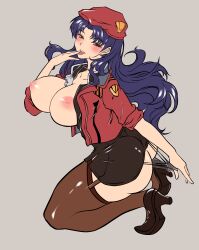 Rule 34 | 1girl, absurdres, artist name, artist request, ass, blush, breasts, breasts out, brown eyes, butt crack, clothing aside, cowboy shot, cropped jacket, dress, earrings, grey background, hat, highres, huge ass, jacket, jewelry, katsuragi misato, large breasts, long hair, long sleeves, micro panties, naughty face, necklace, neon genesis evangelion, nipples, no bra, panties, panties aside, purple hair, red jacket, solo, squatting, thong, tongue, tongue out, underwear, very long hair, wedgie