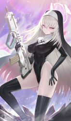 Rule 34 | 1girl, absurdres, black thighhighs, blue archive, breasts, bullpup, contrapposto, gun, highres, justina follower (blue archive), large breasts, latex, latex leotard, leotard, long hair, looking at viewer, nun, purple eyes, rifle, sakurako (blue archive), sapysha, skindentation, smile, solo, thighhighs, weapon, white hair