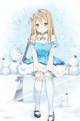 Rule 34 | 1girl, bare shoulders, black footwear, blonde hair, blue bow, blue dress, blue eyes, blue hairband, blue ribbon, blush, bow, breasts, closed mouth, detached collar, dress, frilled sleeves, frills, girls&#039; frontline, gun, hair between eyes, hair ornament, hair ribbon, hairband, hands on own knees, highres, kinako (shiratama mochi), long hair, looking at viewer, medium breasts, official alternate costume, one side up, ribbon, sitting, smile, snowflake hair ornament, snowman, solo, strapless, strapless dress, submachine gun, suomi (girls&#039; frontline), suomi (korvatunturi pixie) (girls&#039; frontline), suomi kp/-31, thighhighs, weapon, white thighhighs