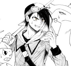 Rule 34 | 1boy, aipom, backwards hat, baseball cap, black hair, commentary request, creatures (company), ethan (pokemon), game freak, gen 2 pokemon, goggles, goggles on headwear, greyscale, grin, hands up, hat, highres, holding, jacket, korean commentary, long sleeves, looking to the side, male focus, monochrome, nintendo, park 0o0, pokemon, pokemon (creature), pokemon adventures, shirt, short hair, simple background, smile, spot color, sweatdrop, teeth, typhlosion, upper body, white background, yellow eyes, zipper pull tab