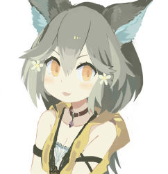 Rule 34 | 1girl, :3, animal ears, bare shoulders, black collar, blush stickers, breasts, brown eyes, cleavage, collar, commentary request, fang, flower, grey hair, hair between eyes, hair flower, hair ornament, looking at viewer, original, paprika shikiso, parted lips, simple background, sleeveless, small breasts, solo, upper body, v-shaped eyebrows, white background, white flower